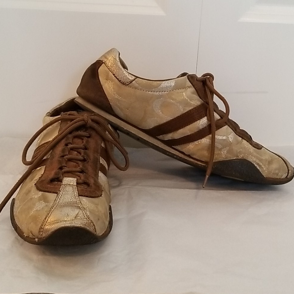 Coach Gold & Brown Suede Logo Lace Up Kate Sneakers 9… - Gem